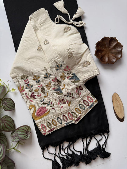 Dharma Exclusive - Black Handloom Cotton Saree With Havy Embroidery Stitched Blouse