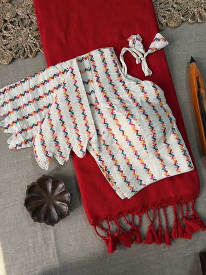 Dharma Exclusive - Red Handloom Cotton Saree With Havy Embroidery Stitched Blouse