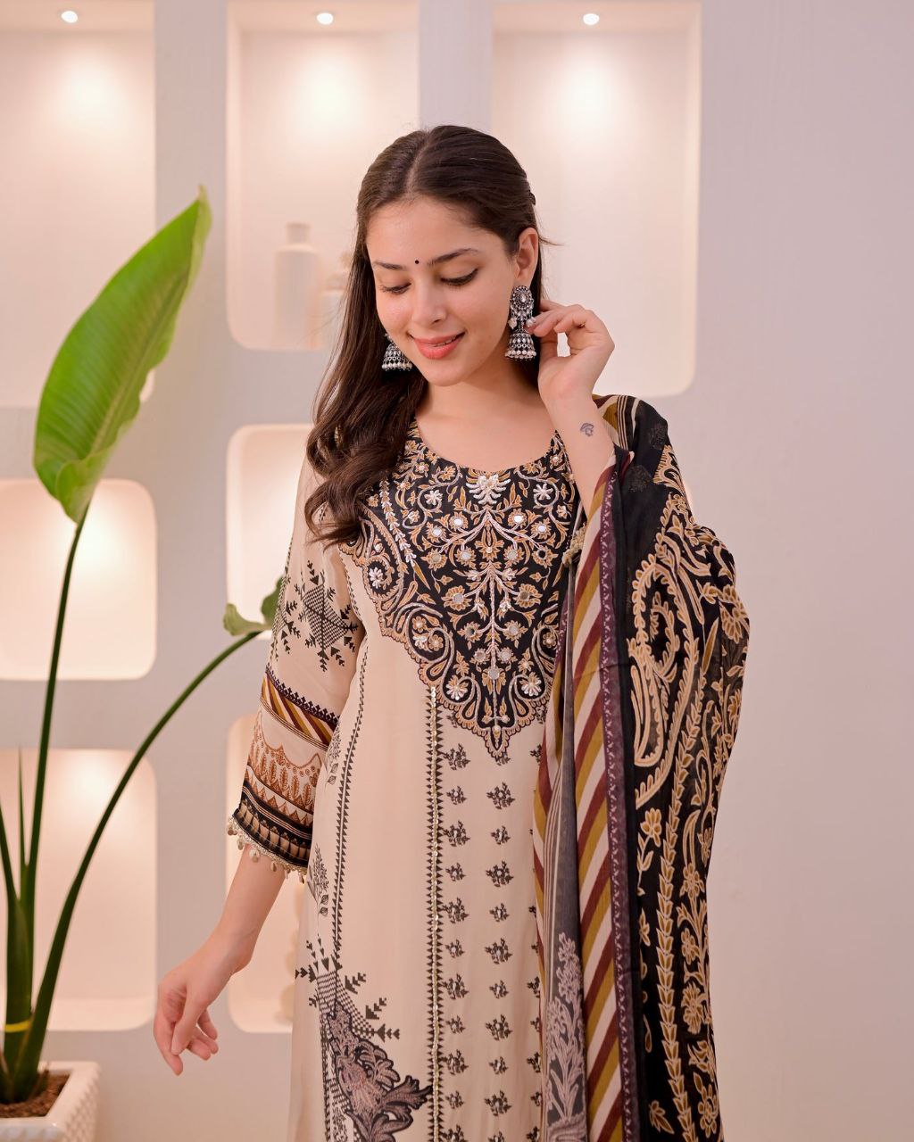Dazzling Beige & Black Printed Pure Muslin Suit Set with Real Mirror Work