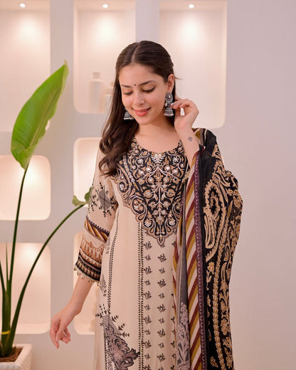 Dazzling Beige & Black Printed Pure Muslin Suit Set with Real Mirror Work