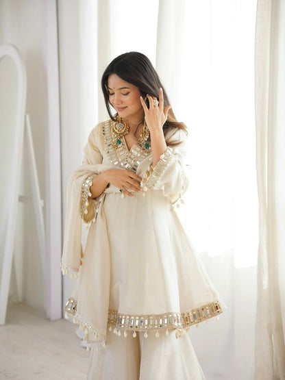 Tebby Organza Silk Peplum Sharara Set with Real Mirror Work Border