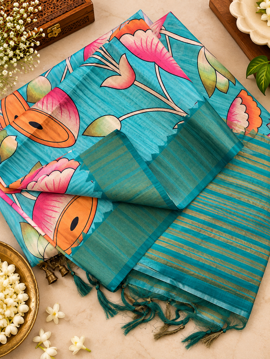 Catchy Blue Soft Tussar Silk Floral Print Saree with Zari Border
