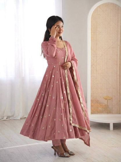 Premium Roman Silk Embroidered Anarkali Suit Set