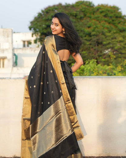 Lalima - Black Cotton Silk Saree with Zari Dot Weave and Gold Border