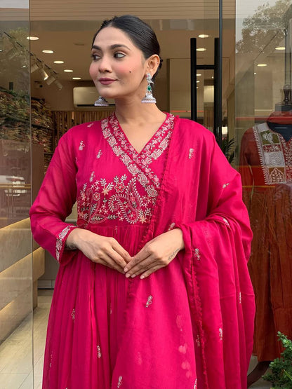 Premium Rani Pink Roman Silk Festive Angrakha Suit Set with Dupatta