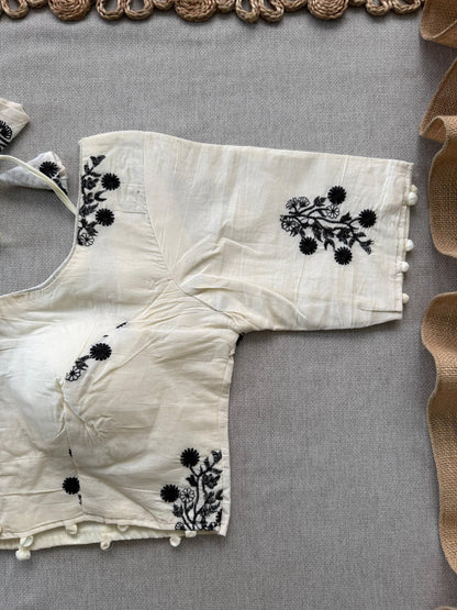 Attractive - Black Handloom Cotton Saree With Havy Embroidery Stitched Blouse