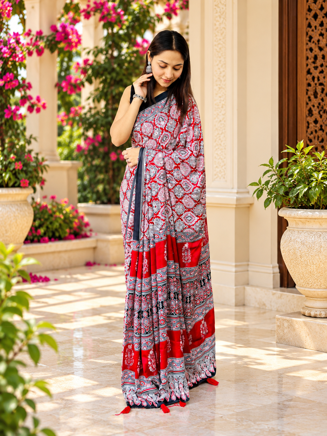 Charming Red Semi Gajji Silk Ajrakh Print Saree with Real Mirror Work