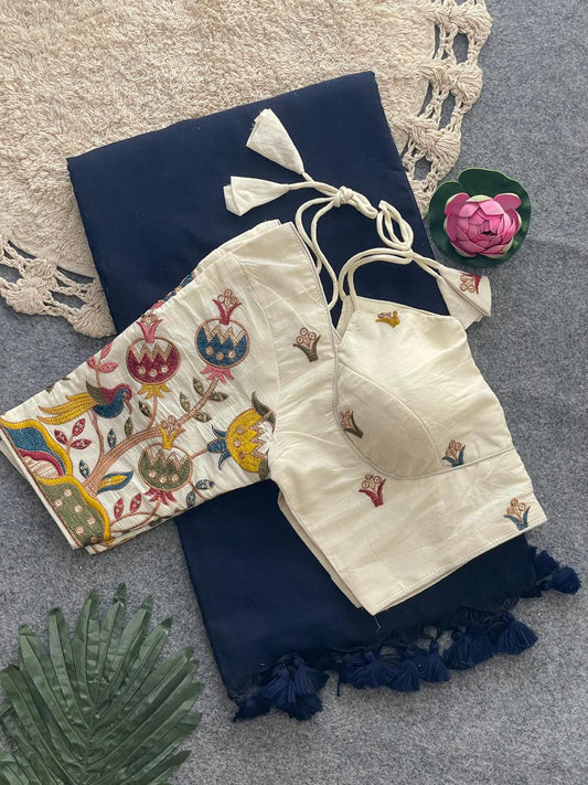 Dharma Exclusive - Navy Blue Handloom Cotton Saree With Havy Embroidery Stitched Blouse