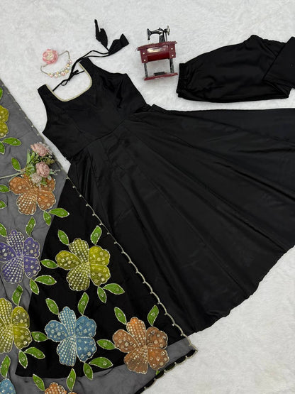 Premium Black Natural Crepe Anarkali Suit Set With Colorful Floral Dupatta
