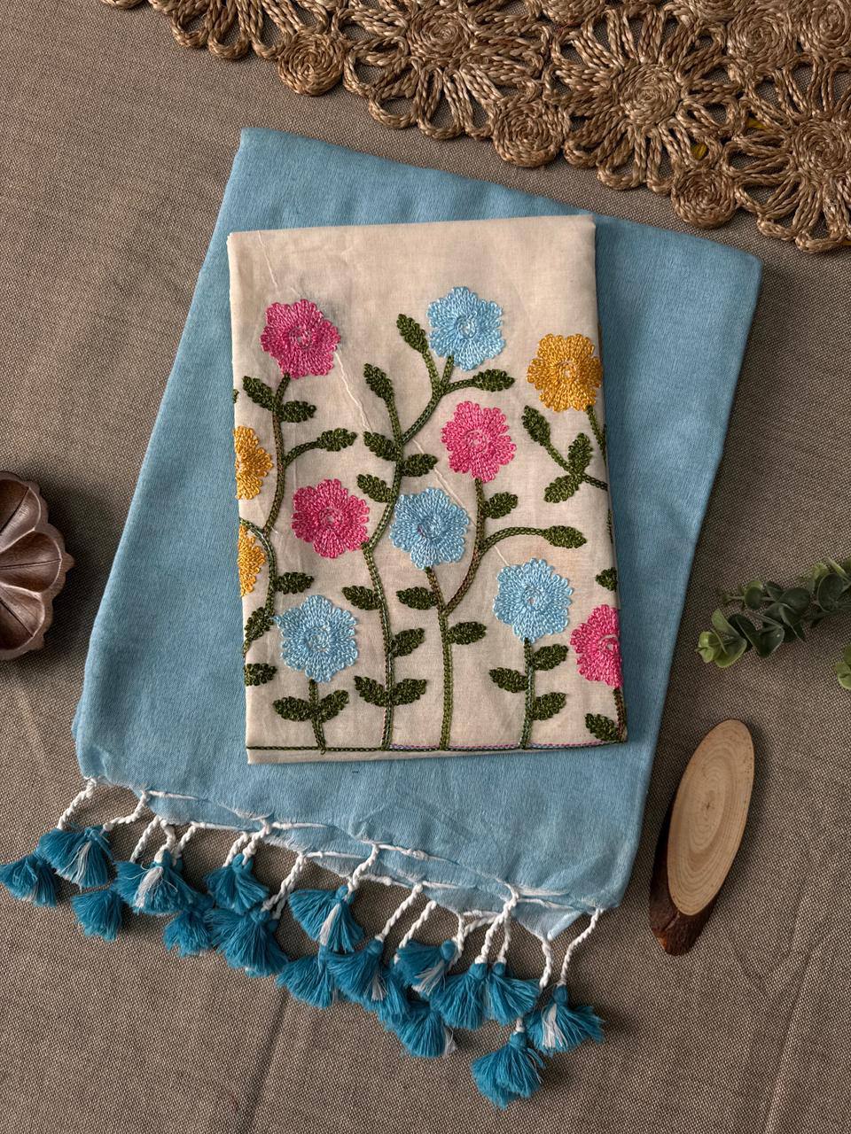 Sky Blue Handloom Cotton Saree With Havy Embroidery Blouse