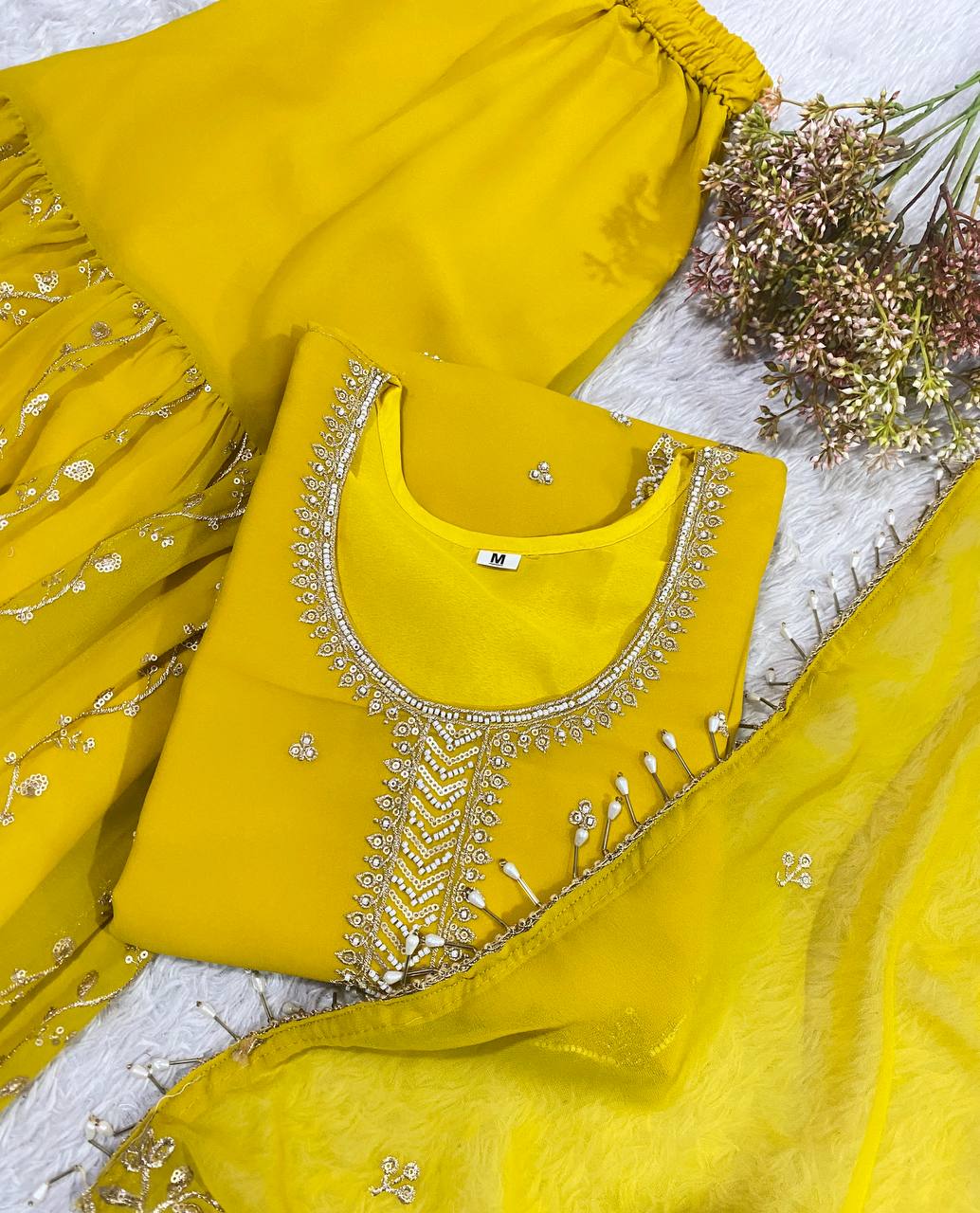 Designer Mustard Yellow Embroidered Fox Georgette Suit Set