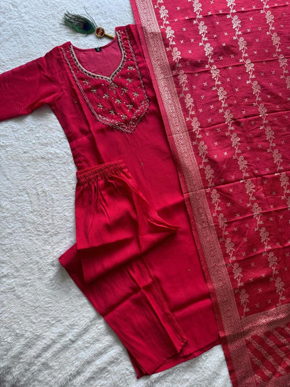 Elegant Handwork Mul Chanderi Suit Set With Jacquard Dupatta
