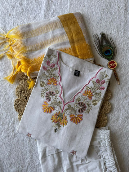 Pure Khadi Cotton Multi-Thread Embroidered Kurta Pant Set with Dupatta