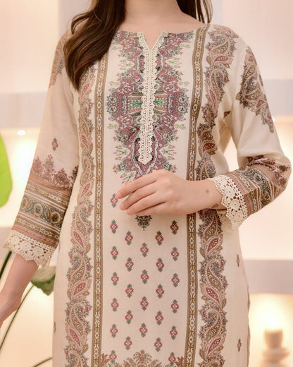 Elegant Cream Heavy Muslin Digital Printed Suit Set with Delicate Lace Work