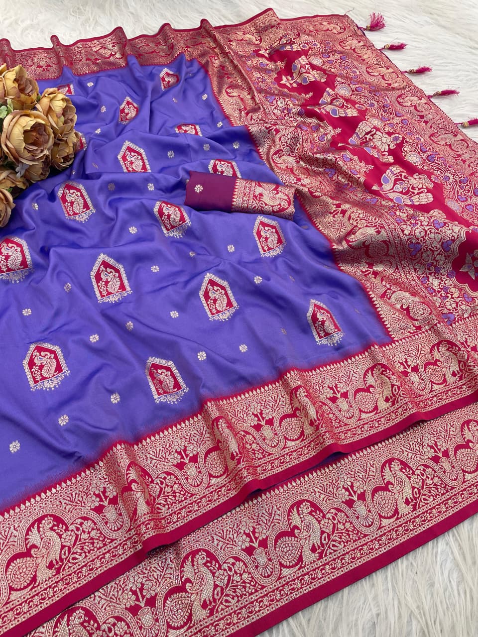 Designer Lavender Silk Saree with Red Zari Work Pallu