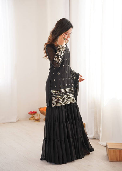 Black Pure Heavy Georgette Embroidery Sharara Suit Set