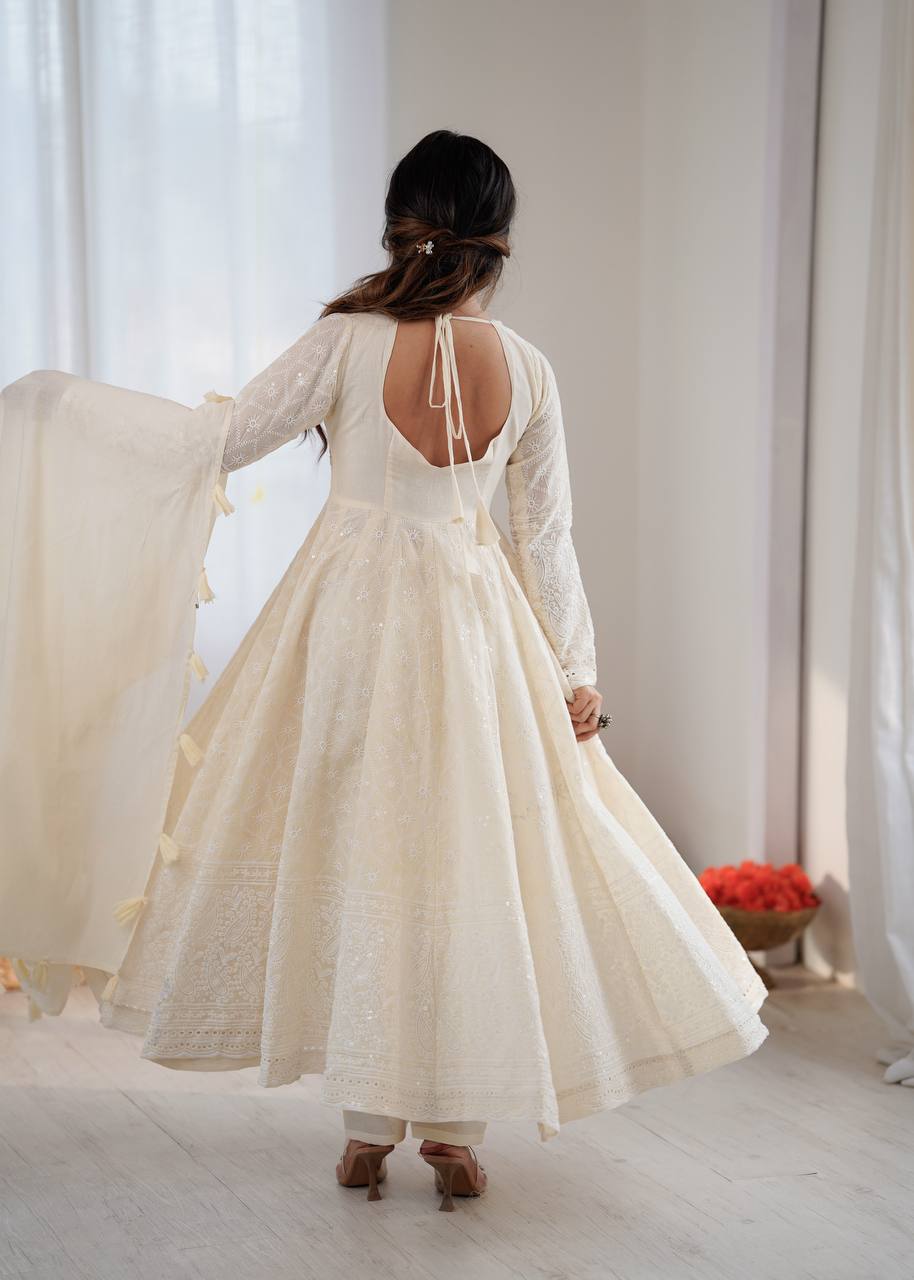 Elegant Off-White Pure Kora Cotton Anarkali Suit Set