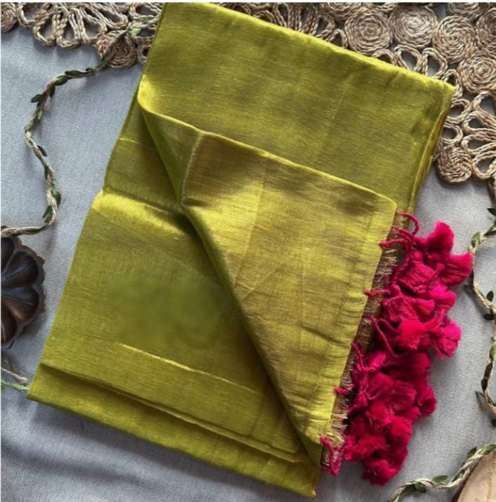 YELLOW HANDLOOM RAGA TISSUE DUAL TONE SAREE WITH POM POM AND BLOUSE