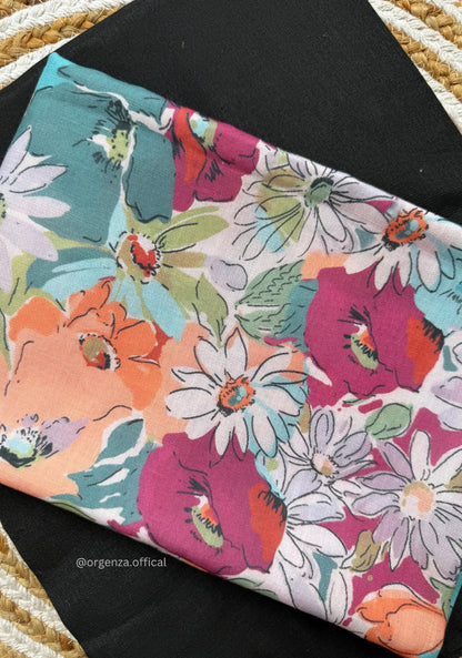 Attractive Black Colour Handloom Cotton Saree With Flower Print Blouse