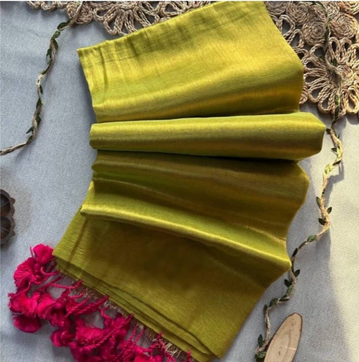 YELLOW HANDLOOM RAGA TISSUE DUAL TONE SAREE WITH POM POM AND BLOUSE