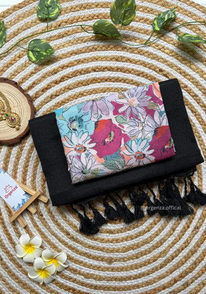 Attractive Black Colour Handloom Cotton Saree With Flower Print Blouse