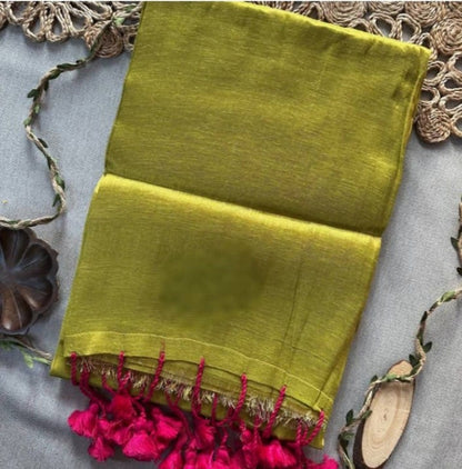 YELLOW HANDLOOM RAGA TISSUE DUAL TONE SAREE WITH POM POM AND BLOUSE