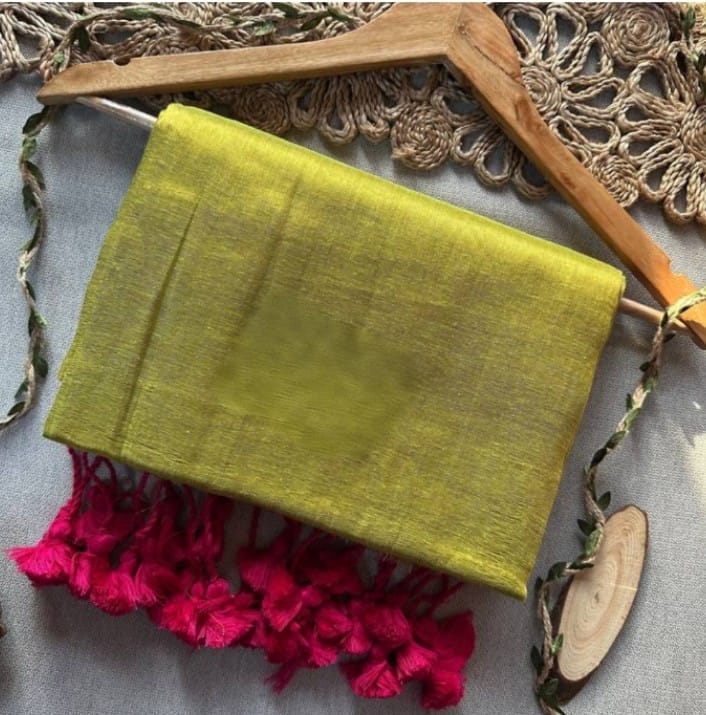 YELLOW HANDLOOM RAGA TISSUE DUAL TONE SAREE WITH POM POM AND BLOUSE