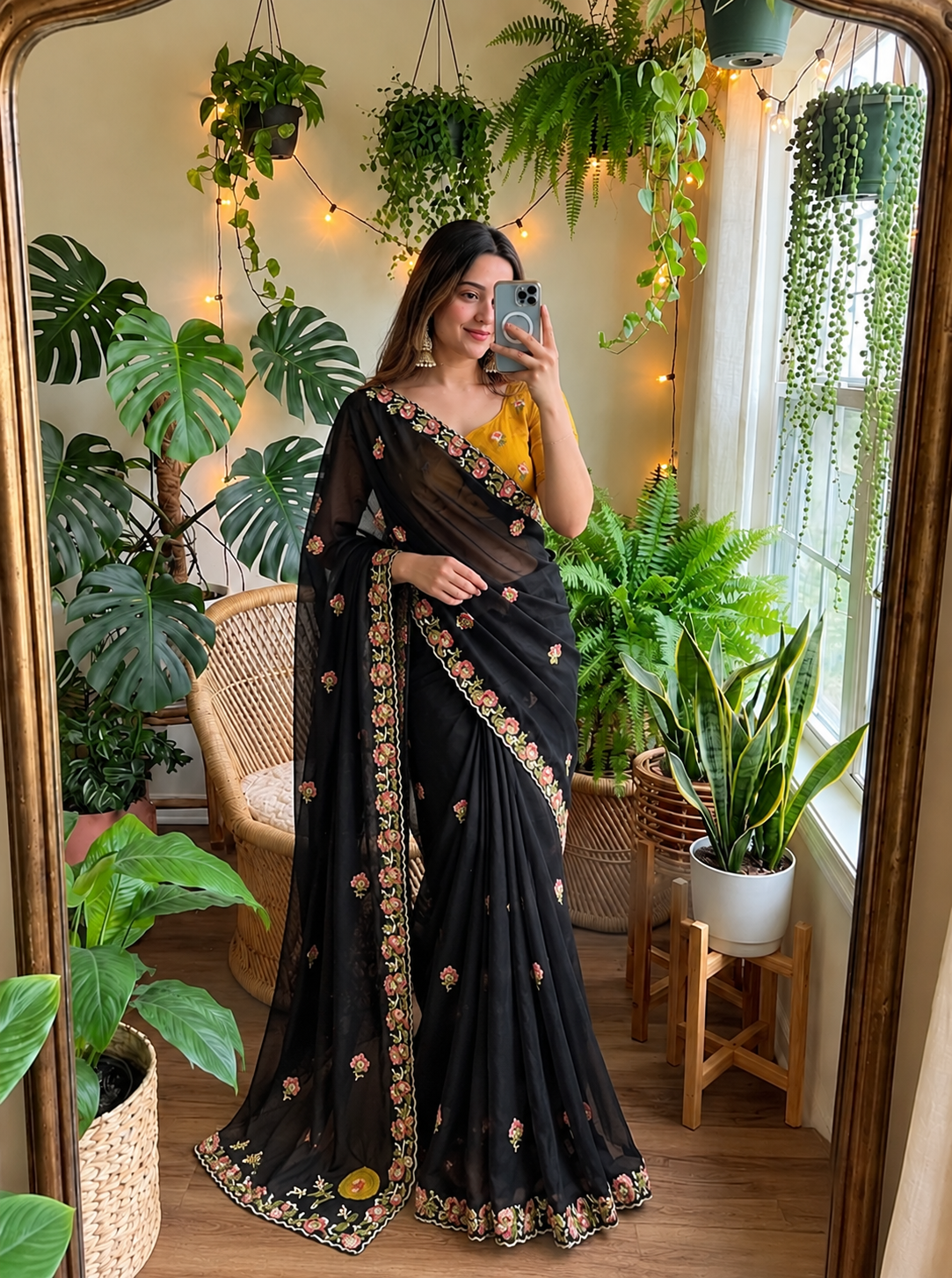 Elegant Midnight Black Floral Embroidered Designer Saree with Premium Festive Border