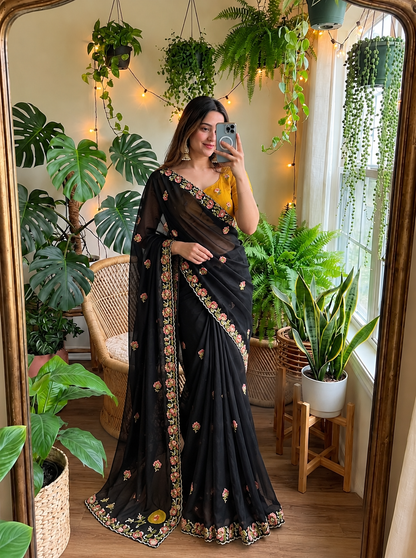 Elegant Midnight Black Floral Embroidered Designer Saree with Premium Festive Border