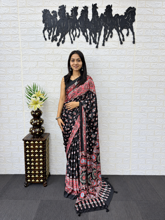 Mirror Magic Japan Satin Silk Saree with Viscose Latkan
