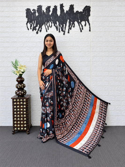 Classic Black Digital Print Semi Gajji Silk Saree with Handcrafted Mirror Border