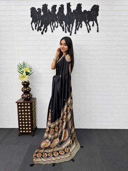 The Royal Luxury Black Japan Satin Silk Saree featuring Heavy Mirror Work & Designer Viscose Pallu