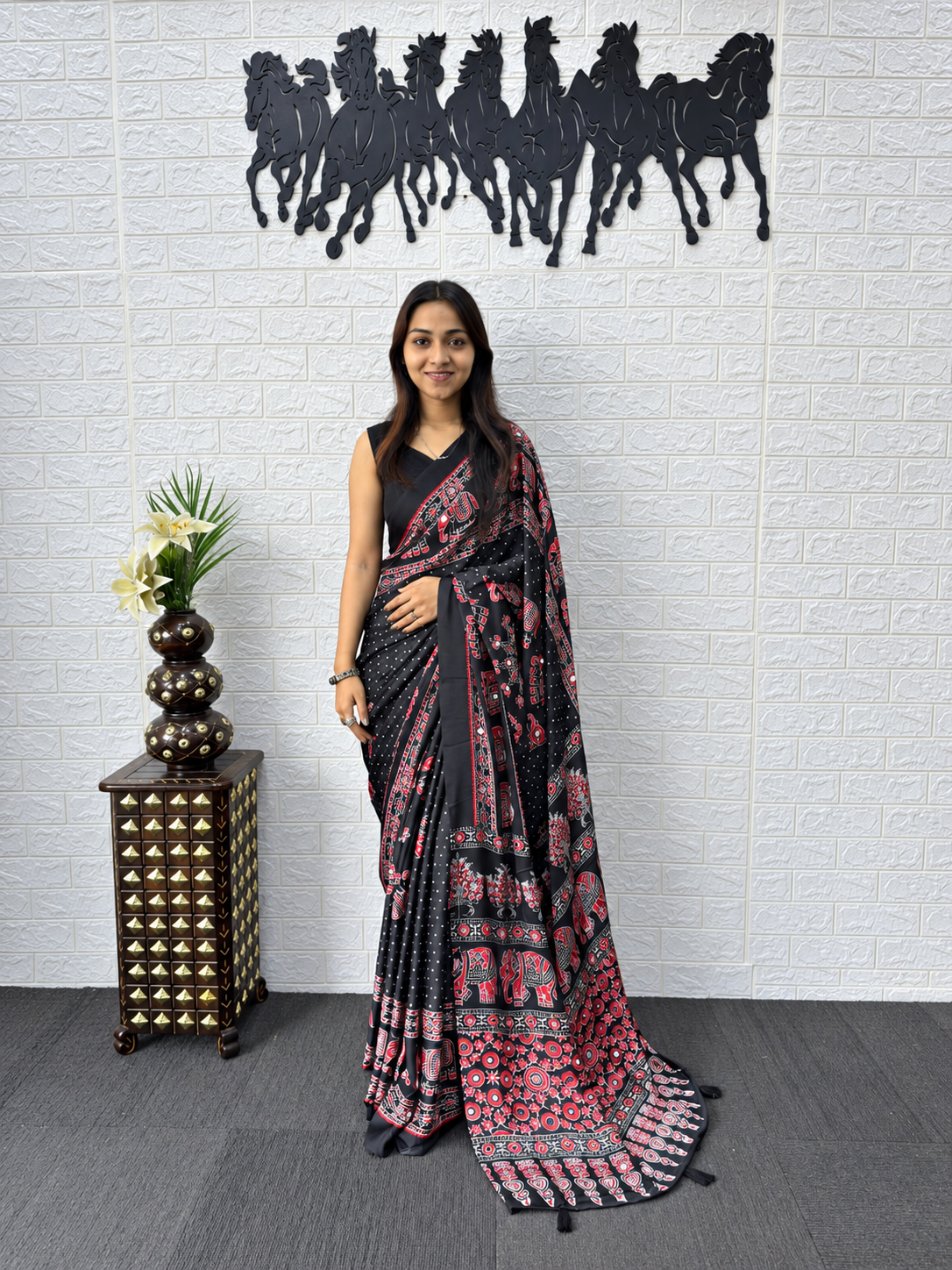 The Noir Luxury Japan Satin Silk Heavy Real Mirror Work Border Saree