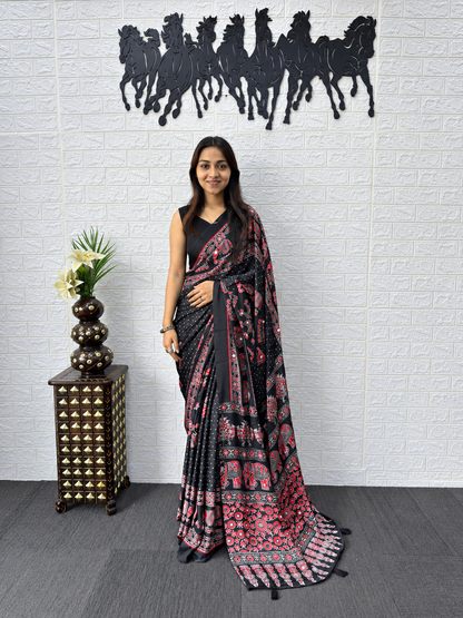 The Noir Luxury Japan Satin Silk Heavy Real Mirror Work Border Saree