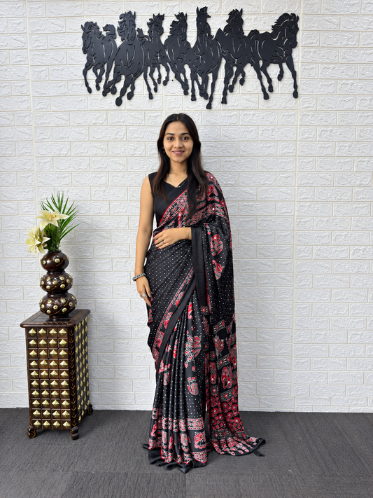 The Noir Luxury Japan Satin Silk Heavy Real Mirror Work Border Saree