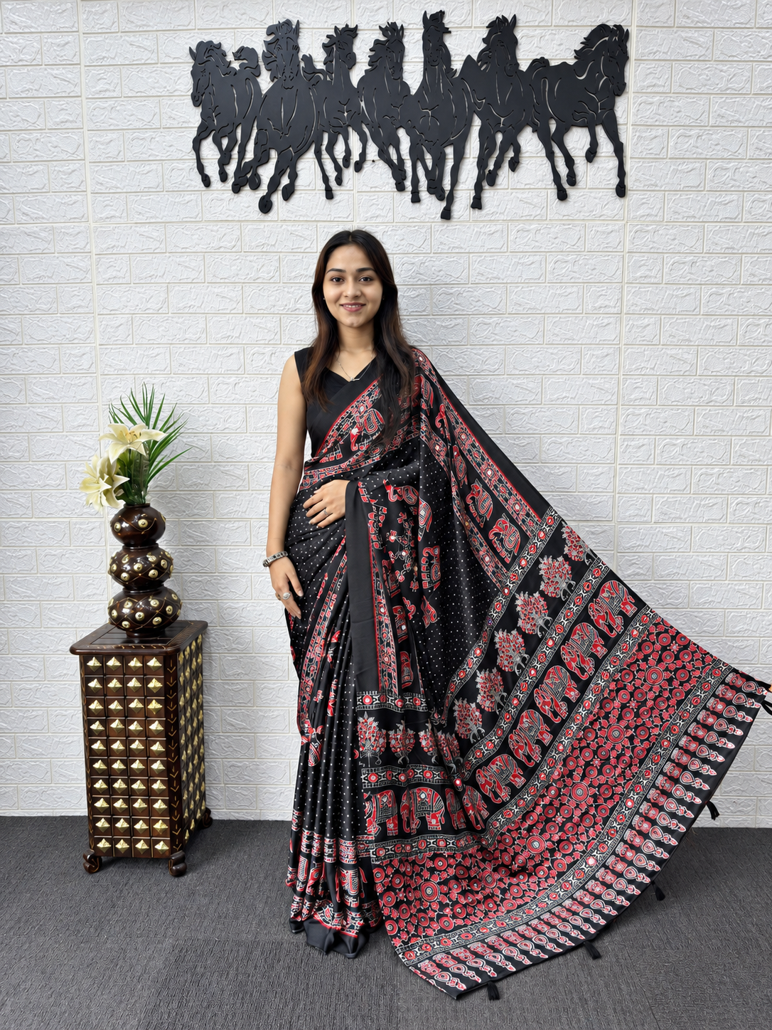 The Noir Luxury Japan Satin Silk Heavy Real Mirror Work Border Saree