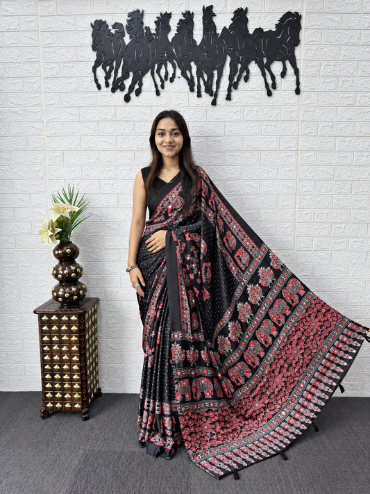 The Noir Luxury Japan Satin Silk Heavy Real Mirror Work Border Saree