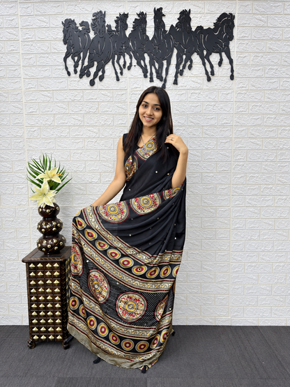 The Royal Luxury Black Japan Satin Silk Saree featuring Heavy Mirror Work & Designer Viscose Pallu