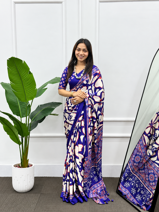 Ocean Iris Soft Japan Satin Silk Abstract Print Saree with Heavy Latkan