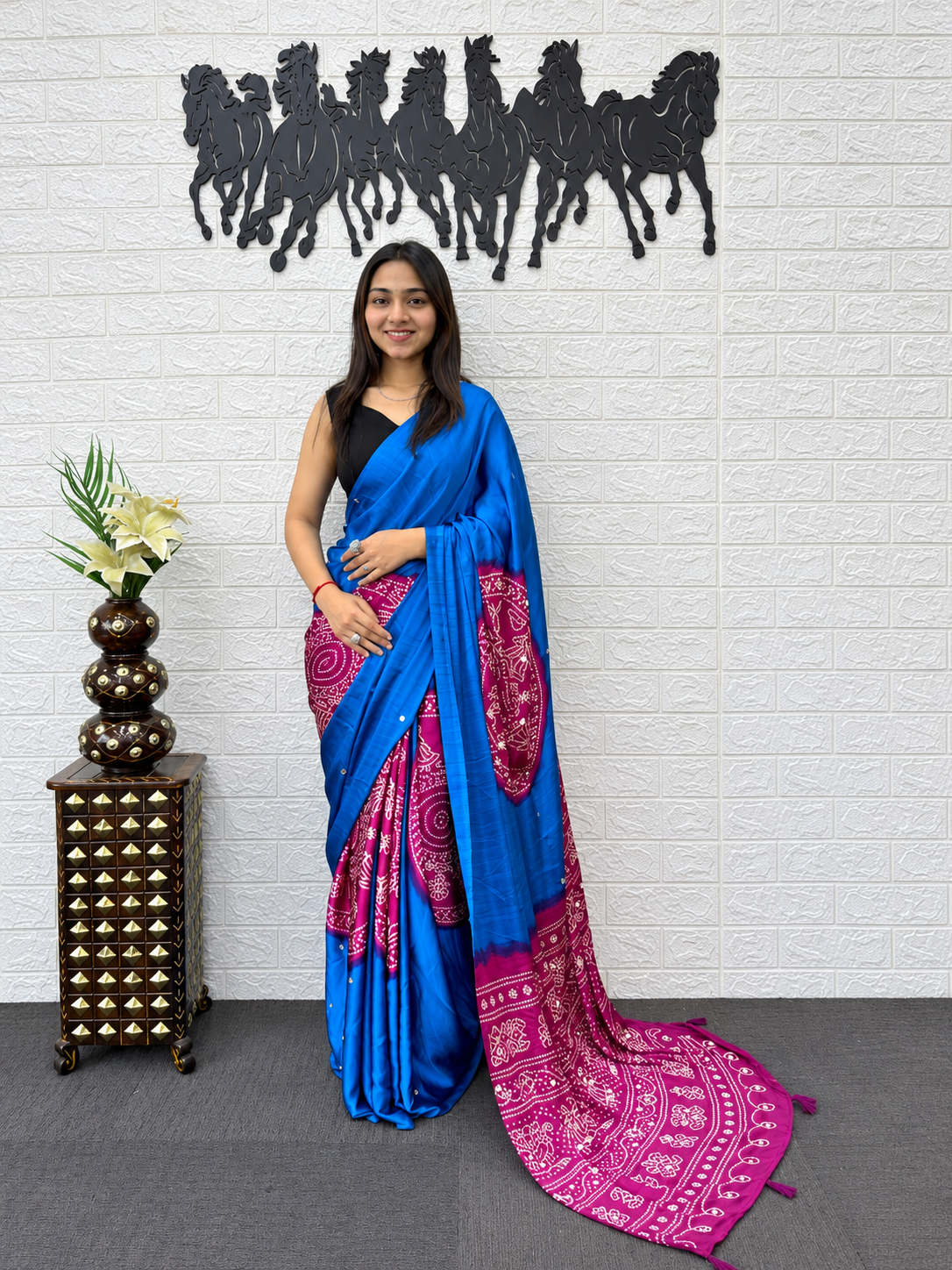 NeelRang Royal Blue & Magenta Japan Satin Silk Mirror Work Saree