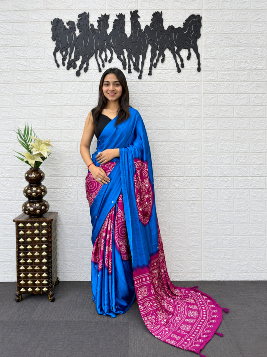 NeelRang Royal Blue & Magenta Japan Satin Silk Mirror Work Saree