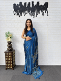 Prussian Blue Japan Satin Silk Mirror Work Saree