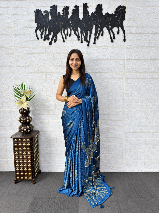 Prussian Blue Japan Satin Silk Mirror Work Saree