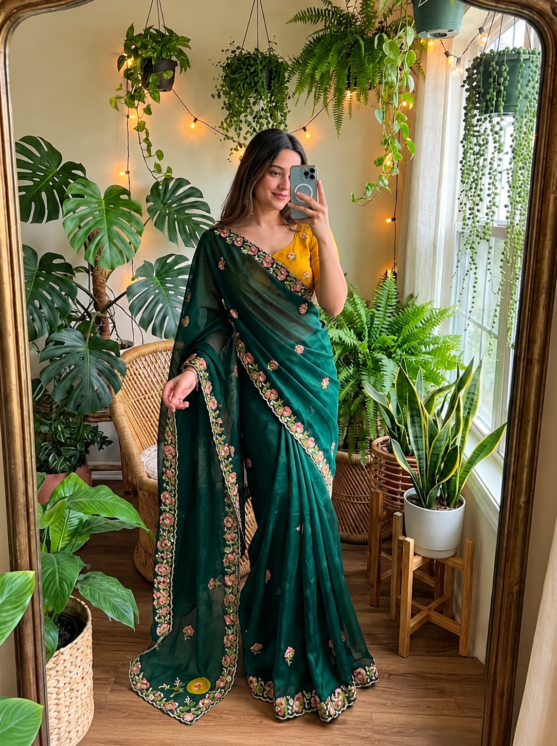 Regal Emerald Green Floral Embroidered Saree with Elegant Designer Border & Luxury Festive Finish