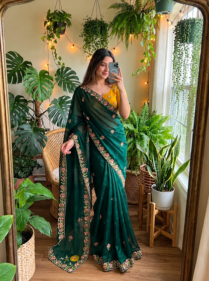Regal Emerald Green Floral Embroidered Saree with Elegant Designer Border & Luxury Festive Finish