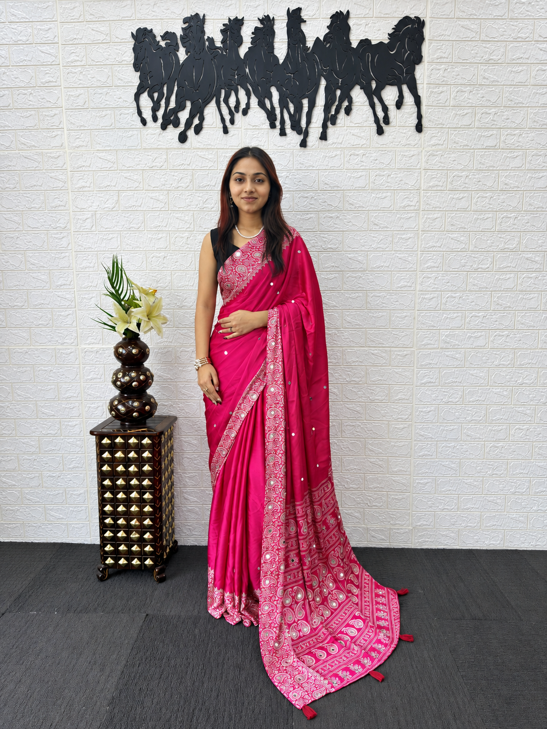Graceful Reflections Luxury Japan Satin Saree with Tassel Pallu Border