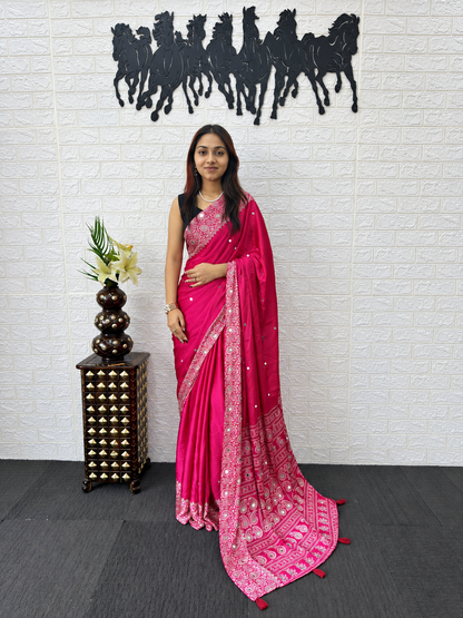 Graceful Reflections Luxury Japan Satin Saree with Tassel Pallu Border