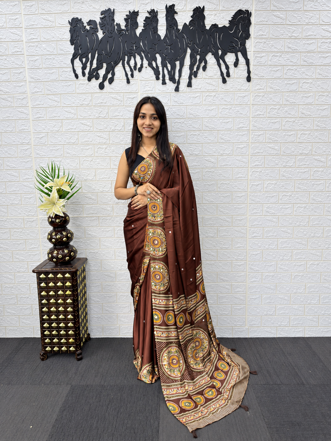 Glamorous Japan Satin Silk Ethnic Saree with Heavy Mirror Work & Elegant Latkans