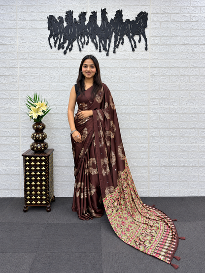 Beautiful Bronze Japan Satin Silk Saree with Heavy Mirror Work