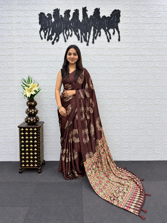 Beautiful Bronze Japan Satin Silk Saree with Heavy Mirror Work